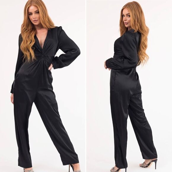 Andree by Unit VNeck Knot Front Satin Jumpsuit Black M - Picture 1 of 11